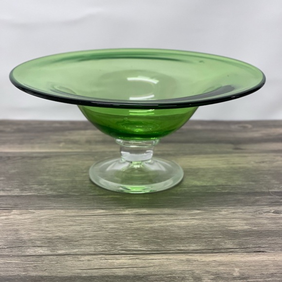 Vintage Mid-Century Italian Empoli Green Glass Tazza Compote Clear Foot Bowl 11" - Picture 2 of 9